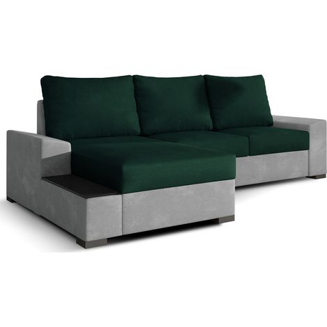Canapé angle gauche convertible tissu doux gris clair et vert foncé James 245cm (1/5)