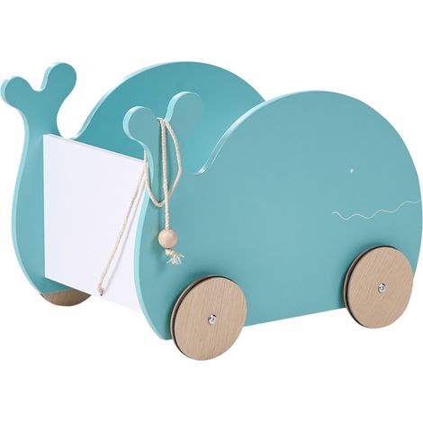 Contenitore giocattoli con ruote a forma di balena Carrello con maniglia Organizer giocattoli MDF Camera bambini Blu Wooli