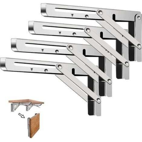 4-Piece Folding Bracket Set, 25cm, Folding Console Support, Load-Bearing Folding Shelf Brackets, Heavy-Duty Retractable Wall-Mounted Stainless Steel Shelf Bracket for Garage, Kitchen