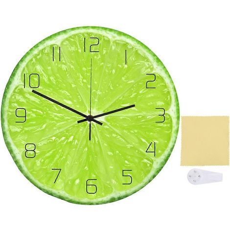 Horloge murale acrylique design citron vert, décoration tendance pour salon bureau, pendule suspendue avec motif fruit, cadeau original maison. (1/5)