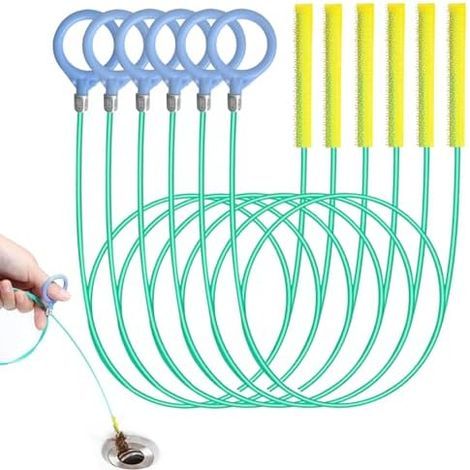 6 Pièces Furet Déboucheur Canalisation 90 cm, Serpent de Vidange Flexible Réutilisable pour Cheveux et Débris, Outil Nettoyage Évier, Douche, Baignoire Tuyaux (Vert) - (1/5)