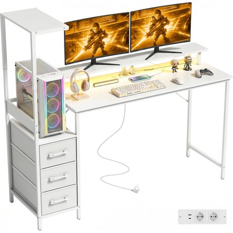 Scrivania Gaming 147 cm, Tavolo per Computer con Supporto CPU Regolabile e Reversibile, Luci RGB, Prese di Alimentazione, Porte USB e USB-C, Supporto Monitor e 3 Cassetti in Tessuto, Bianco