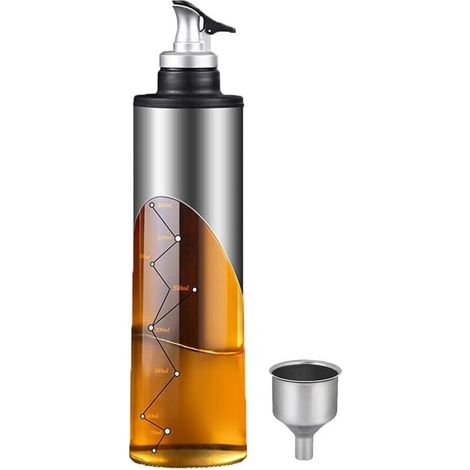 Bouteille d'huile, distributeur de sauce soja avec étiquette et entonnoir, pour le conditionnement de l'huile d'olive, bouteille en verre argentée de 650 ml pour la cuisine (huile et vinaigre).