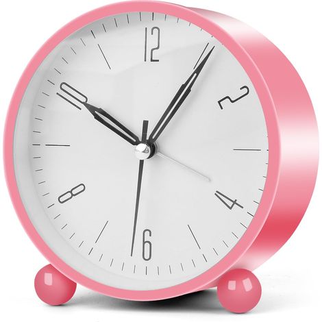 Réveil analogique pour chambre, 10 cm (4 pouces), silencieux, sans tic-tac, à piles, avec veilleuse, petit réveil au design rétro et simple, pour table, chevet, bureau ou voyage (rose). (1/5)