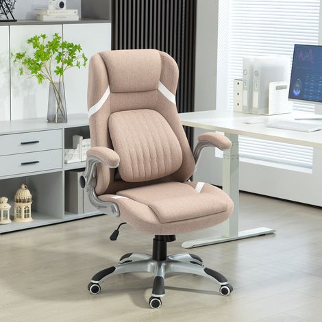 Sedia da Ufficio Ergonomica con Braccioli Ribaltabili e Poggiatesta, Sedia Scrivania Girevole con Supporto Lombare, Altezza Regolabile e Funzione Dondolo in Tessuto per Studio, Marrone Chiaro (1/5)