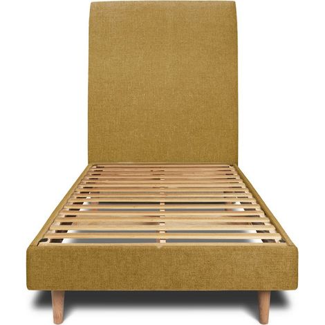 Lit 90x190cm avec tête de lit tapissier tissu et sommier kit jaune - Hauteur totale : 29cm (1/5)