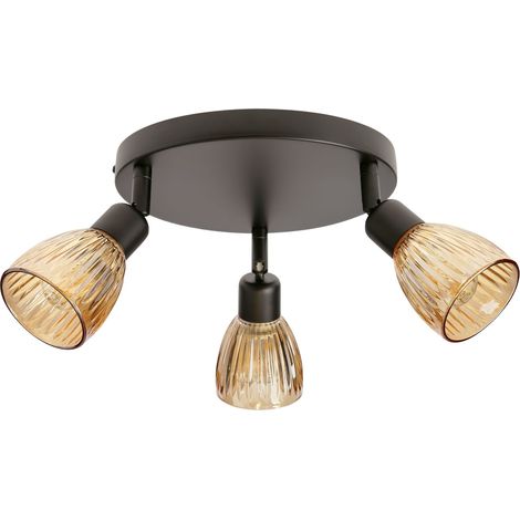 Plafonnier rond noir, verre ambre strié 3xE14 Amcos (1/3)