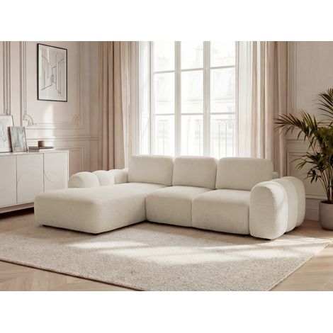 BOBOCHIC - Canapé d'angle convertible coffre grande méridienne MONTAIGNE tissu bouclette Angle gauche  Beige