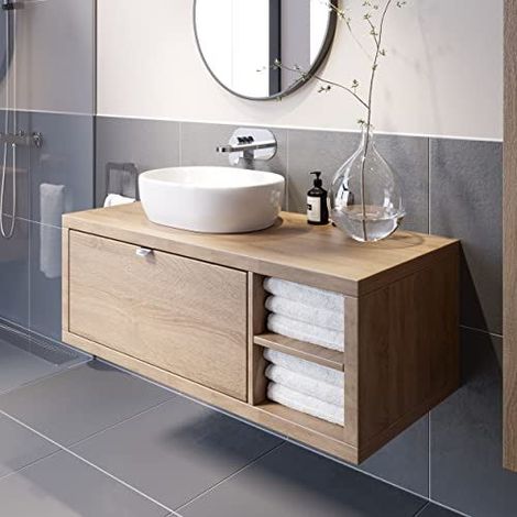 Bathroom Oak Wall Hung Vanity Unit and Basin Sink Cabinet Storage 1100mm Right Hand Shelving Unit with 480mm Oval White Basin