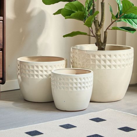 Lot de 3 pots de fleurs en céramique faits main (Ø 38,1/30,5/22,9 cm), motif à losanges blancs, idéal pour les succulentes, intérieur/extérieur, rebords de fenêtre/bibliothèques, terre cuite respirant