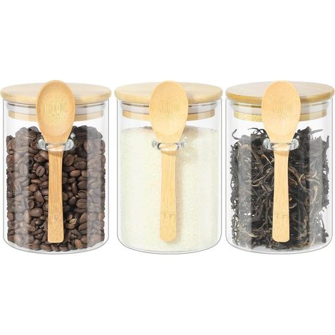 Lot de 3 bocaux en verre 600ml avec couvercle bambou et cuillère (1/5)