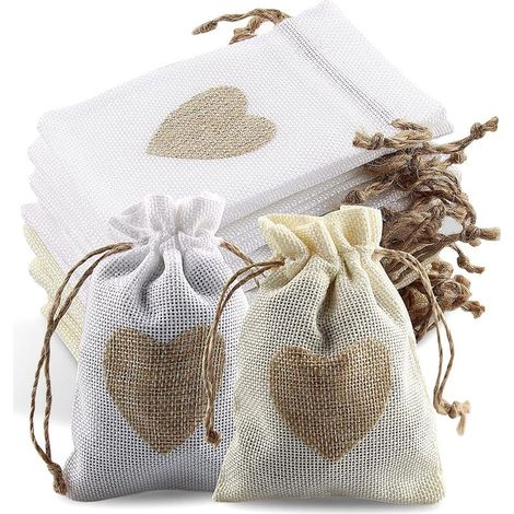 Bolsas de arpillera con cordón, 24 unidades, con diseño de corazón. Bolsas para dulces, regalos y obsequios para bautizos, bodas y fiestas. Perfectas para dulces, regalos y joyas. (1/5)
