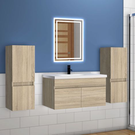 Océan (79,5(L)x45(L)x40(H)cm meuble de Salle de Bain en Chêne +30(L)x30(L)x1100(H)cm meuble colonne de salle de bain suspendu 2 )2 portes +avec miroir 70x50 cm (1/5)
