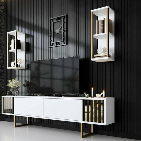 Dmora - Mobile porta TV Eunomia, Credenza da soggiorno, Armadio basso per TV, Base parete attrezzata, 180x30h48 cm, Bianco e Nero, con imballo rinforzato, con imballo rinforzato (1/5)