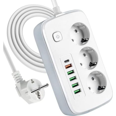 Ecleanfy - Multiprise avec ports USB, multiprise à 3 prises (5 ports USB et 1 port USB-C) avec interrupteur, rallonge de 2 mètres et adaptateur. (1/5)