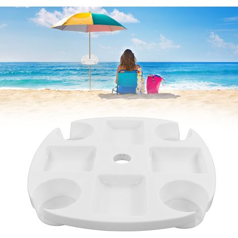 Bandeja redonda blanca para sombrilla con 4 portabotellas para aperitivos – plataforma para sombrilla para patio y playa, PP, Ø 43 cm, blanca – bandeja para sombrilla con base y soporte (1/5)