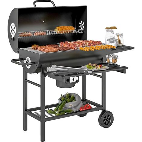 Barbecue charbon de bois avec tablette avant pliable, grand barbecue au charbon de bois avec tablette inférieure, grille de cuisson, couvercle avec thermomètre et 2 roues, noir (1/5)
