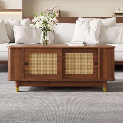 Mesa de centro 100x50x42 cm nogal en MDF con puertas correderas de ratán y esquinas redondeadas (1/5)