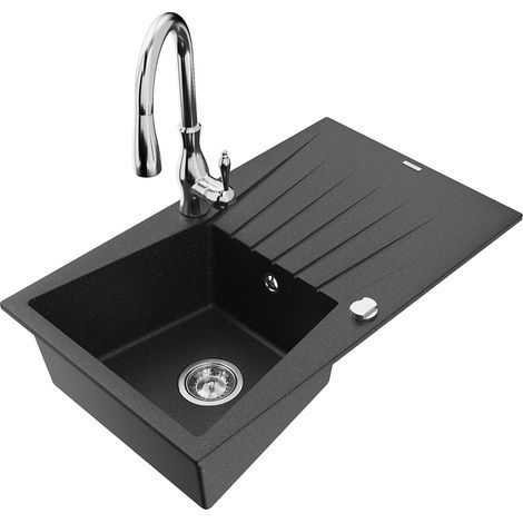 Mexen Cesar fregadero de granito de 1 seno con escurridor y grifo de cocina Savita, negro/metalizado plateado (1/5)