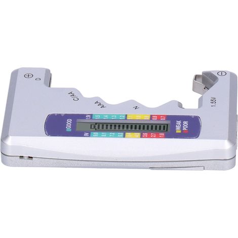 Testeur de piles universel pour usage domestique, compatible avec les piles AA, AAA, N et 9V (argenté). (1/5)