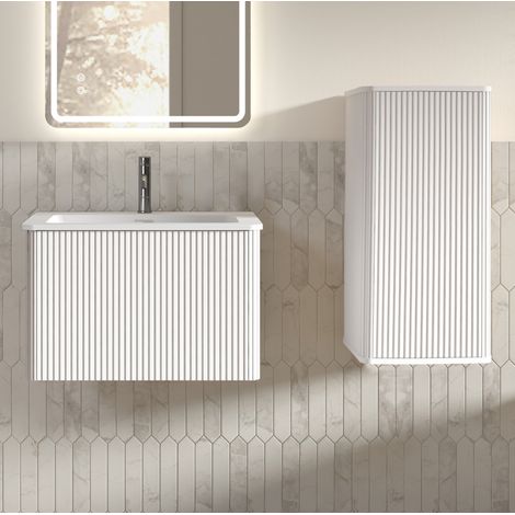 Ensemble meuble de salle de bain suspendu avec lavabo et colonne latérale, blanc, 60 cm (1/5)