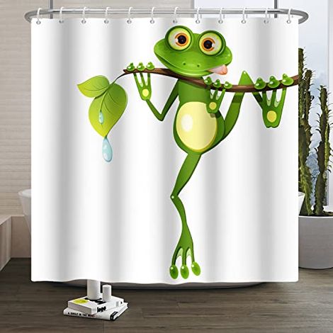 180x200cm Mignon Dessin animé Grenouille Rideau de Douche Peu Grenouille sur Arbre Bifurquer Vert Feuilles Été Blanc Rideau de Baignoire pour Enfants Salle Bains Polyester avec Crochets (1/4)