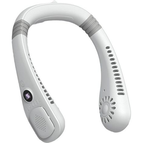 Ventilateur de cou rechargeable avec affichage LED 5 vitesses fonction rafraîchissante et fonctionnement sans fil blanc (1/3)