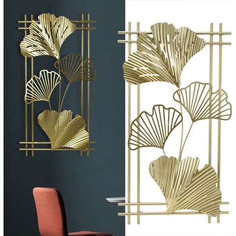 Décoration Murale Métal Doré Feuille d'Or avec Cadre pour Salon Bureau Hôtel