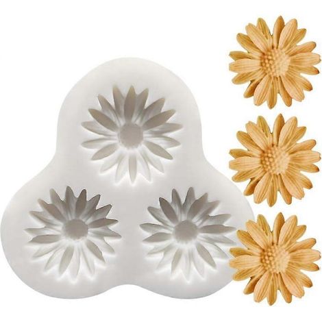 Moules en silicone premium en forme de marguerite et de chrysanthème pour fondant, chocolat, biscuits, cupcakes, gâteaux et bonbons - 3 cavités - Idéal pour une baby shower - Blanc (1/5)