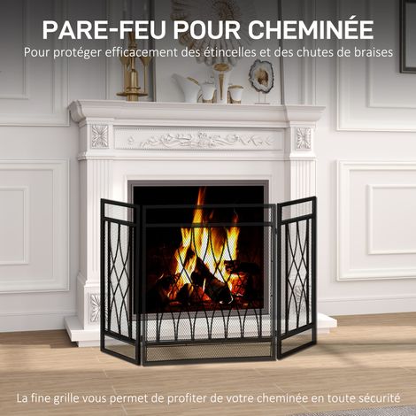 Pare-feu cheminée 3 volets pliables en métal noir style fer forgé protection optimale contre les étincelles pour foyer et poêle (1/5)