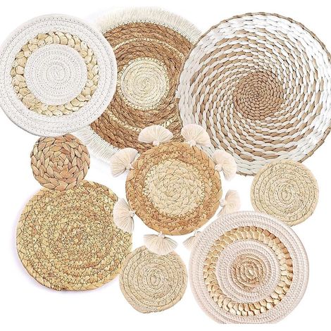Ensemble de 9 paniers muraux bohèmes - Décoration bohème en rotin et jonc de mer - Décoration murale ronde pour salon, chambre ou salle à manger (1/5)