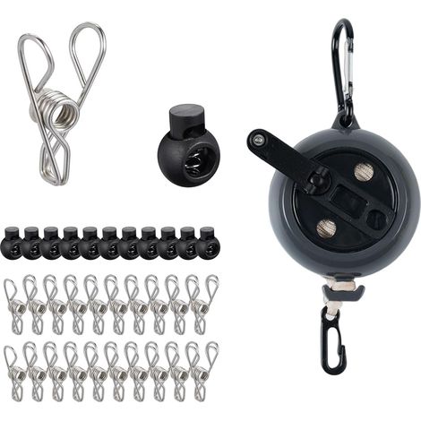 Corde à Linge Rétractable 10 M, Corde à Linge Rétractable Portable avec Manivelle 10 Boucles et 20 Pinces, Clotheslines D'extérieur