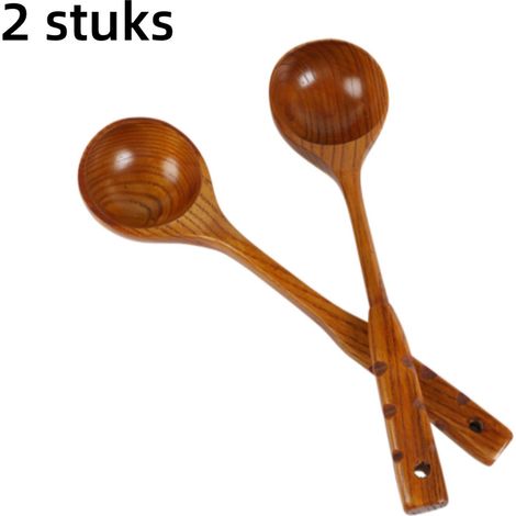 Lot de 2 louches à long manche en bois pour soupe porridge et ragoût 35 x 8,3 cm couleur bois (1/5)
