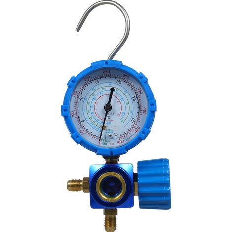 Manómetro sencillo para aire acondicionado, con escala clara, compatible con refrigerantes R410A, R22, R134A y R404A.