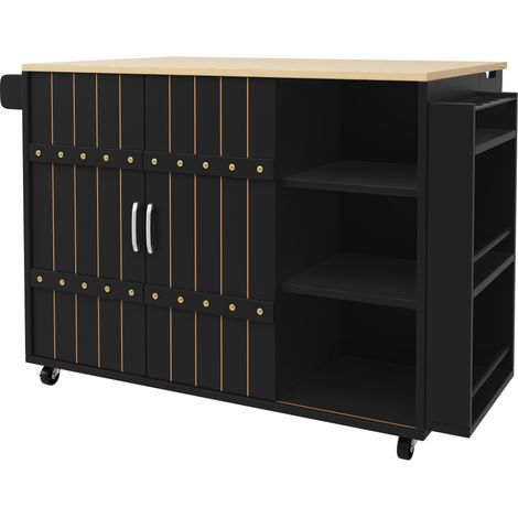 Carrito de cocina con isla, MDF negro, 110x42x90 cm, puertas correderas y ruedas (1/5)