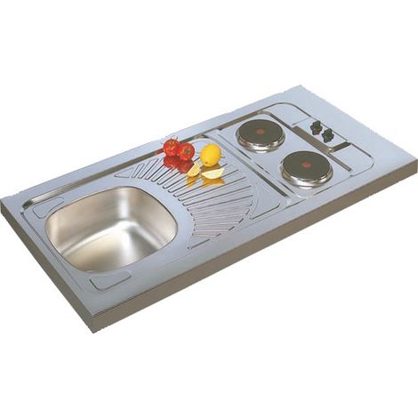 Moderna – Évier inox réversible 18/10 1 cuve 16x34,5x34,5cm – 1 égouttoir pétale – 2 feux électriques 3000W – À poser sur cuisinette