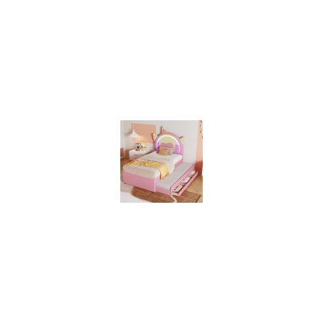 Lit enfant Cartoon, 90 x 200 cm, avec bande lumineuse LED, avec 2 tiroirs, forme licorne, lit fille, PU, sans matelas, Rose (livraison locale, garantie 2 ans) (1/5)