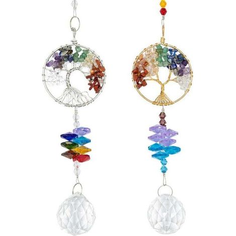 Lot de 2 attrape-soleil en cristal avec arbre de vie, perles métalliques colorées, pendentif en cristal Feng Shui, décoration de jardin (1/4)