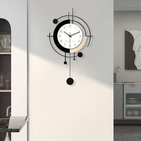 Horloge Murale Design Moderne Créative Métal + Bois Décorative Pendules Murales Minimaliste Silencieuse Geante Horloge à Pendule Mode Art Déco pour Salon Chambre Bureau Cuisine Etude (Small) (1/4)