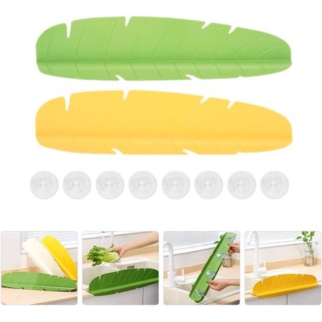 Lot de 2 pare-éclaboussures pour évier, bandes de protection en silicone avec ventouses, étanches, pour évier et plan de travail, jaune et vert (1/5)