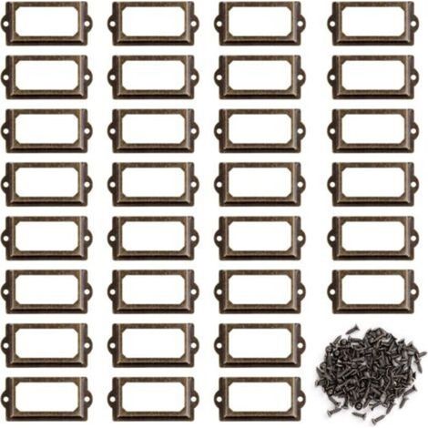 Porte-étiquettes en Métal, 30 Pièces Cadre Étiquette avec Vis, Bronze Rétro Porte Poignée Cadre pour Meubles, Tiroirs, Armoires, Bibliothèque (70 x 33 mm)