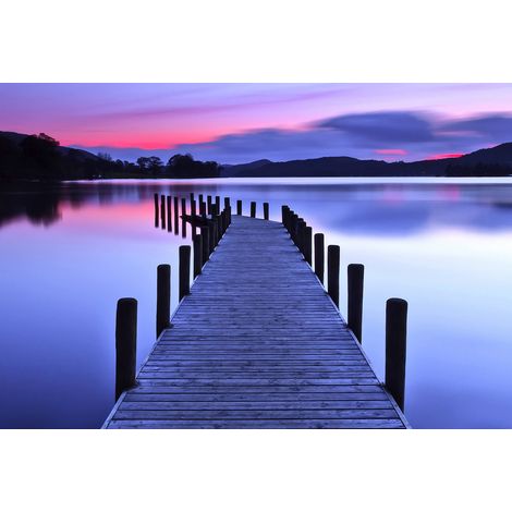 Papier peint panoramique lac bleu & violet avec ponton | Tapisserie panoramique coucher de soleil romantique | Papier peint panoramique salon - 384 X 260 cm (8 pièces) (1/2)