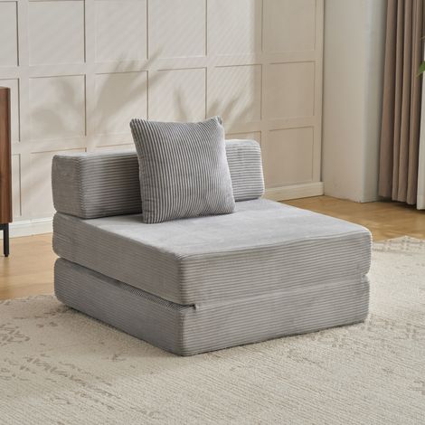 Canapé sol convertible – Coussins soutien lombaire + accoudoirs – 1 place – Velours côtelé – Gris clair – Salon/Chambre (1/5)