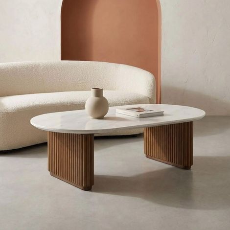 Table basse ovale bois d'hévéa noyer plateau effet pierre - Gabrielle