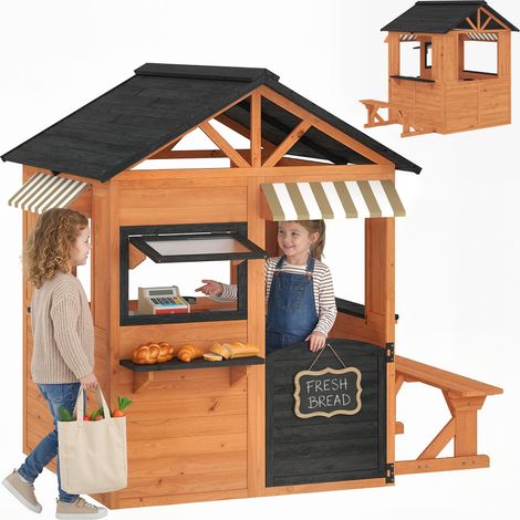 Casetta da Giardino per Bambini in Legno di Abete con Snack Bar, Finestre, Mezza Porta, Panca e Tetto Marrone