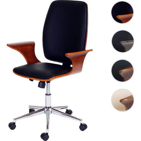 Chaise de bureau HWC-C54, bois courbé, chaise pivotante, similicuir - design bois de noyer, tissu noir (1/5)