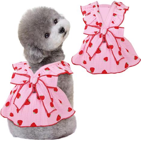 Hundekleider, Baumwollkleidung mit dekorativem Leinenring und Schleife, Erdbeermuster, Sommerkatzenkleider (rosa, Größe S) (1/4)