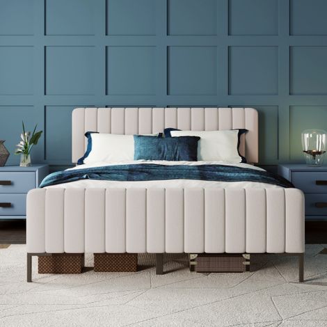 Lit simple rembourré avec sommier à lattes et tête de lit réglable, en tissu de lin gris-beige — Idéal pour une chambre d'enfant ou une chambre d'amis.