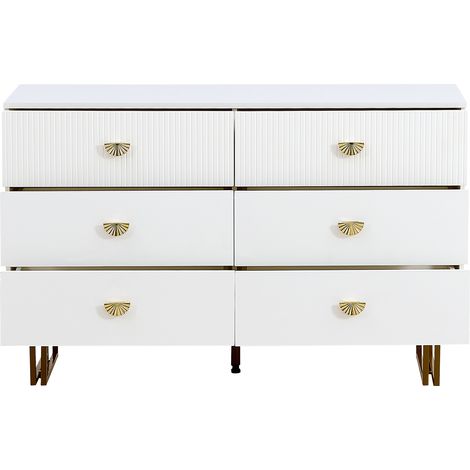 CAIziCommode 6 tiroirs blanche 120x40x75 MDF pieds acier doré moderne (1/5)
