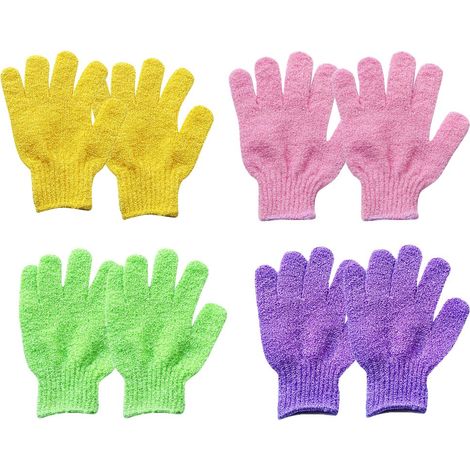 4 paires de gants de douche exfoliants, gants de bain exfoliants double face pour un nettoyage en profondeur des peaux mortes, pour un massage spa et une beauté du visage. Accessoires de bain et de do
